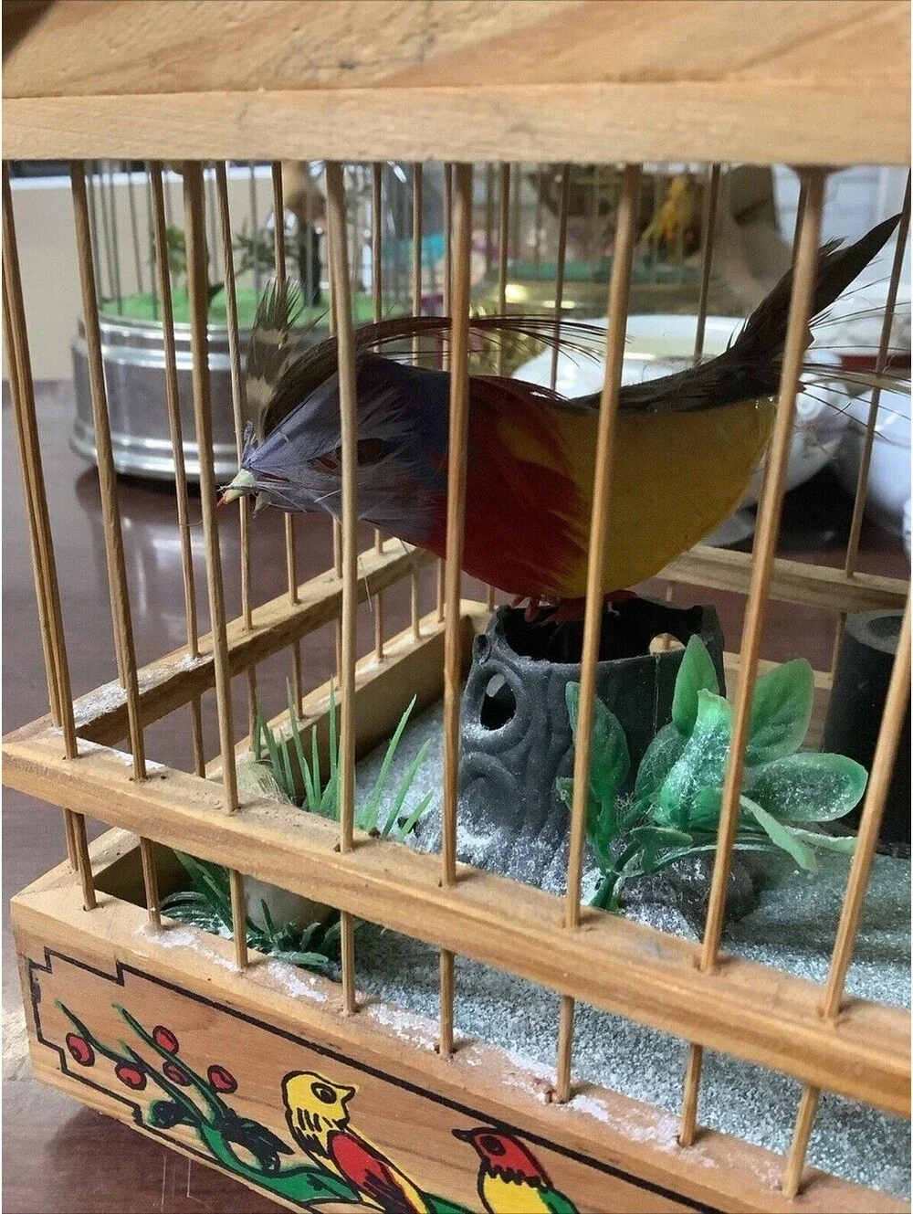 Vintage Singing Bird in Wooden “Jaula pajaro” Cage Battery Operated~Works!